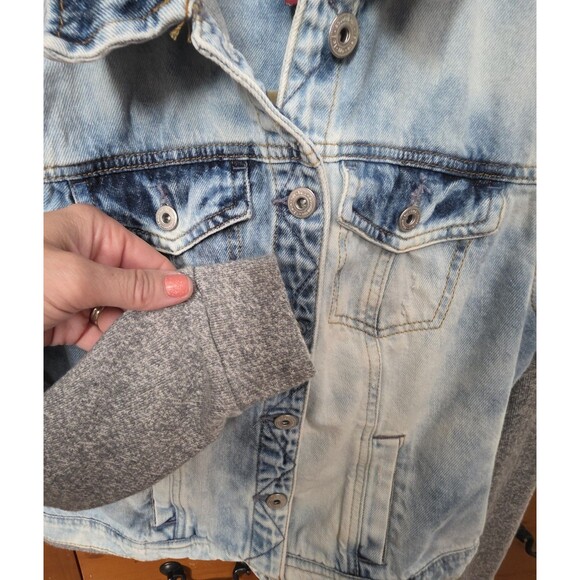 L.E.I.  Jean Jacket Juniors Medium Cropped Stonewash Sweatshirt Sleeves Hood - Picture 2 of 10